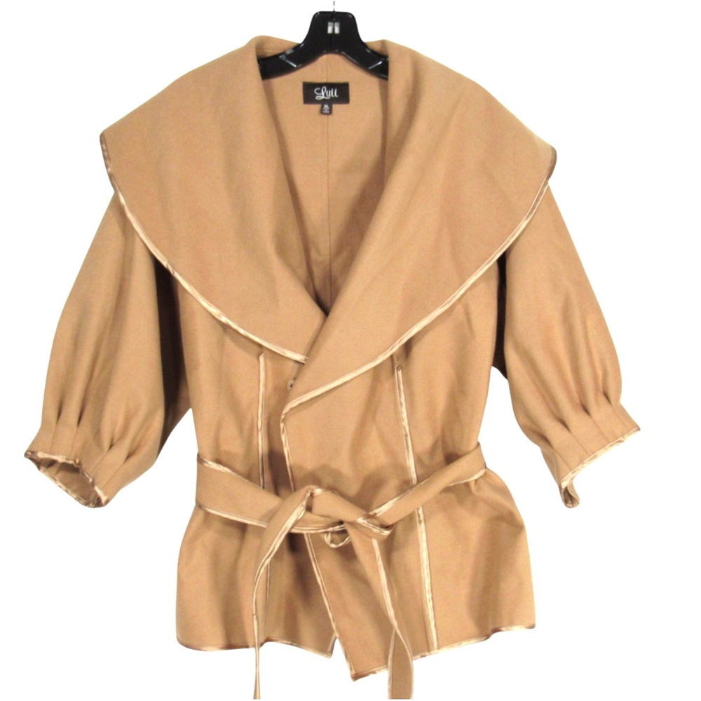 LUII ANTHROPOLOGIE Tan SNAP DOUBLE BREASTED Tie Belt LARGE COLLAR Jacket Sz XL